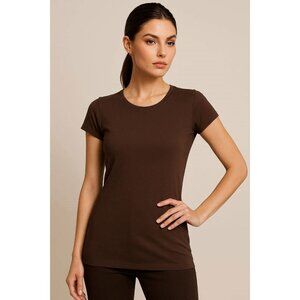 Womens Sz L Scoop Neck Cap Sleeve Form Fit Tee T Shirt Top Chocolate Brown